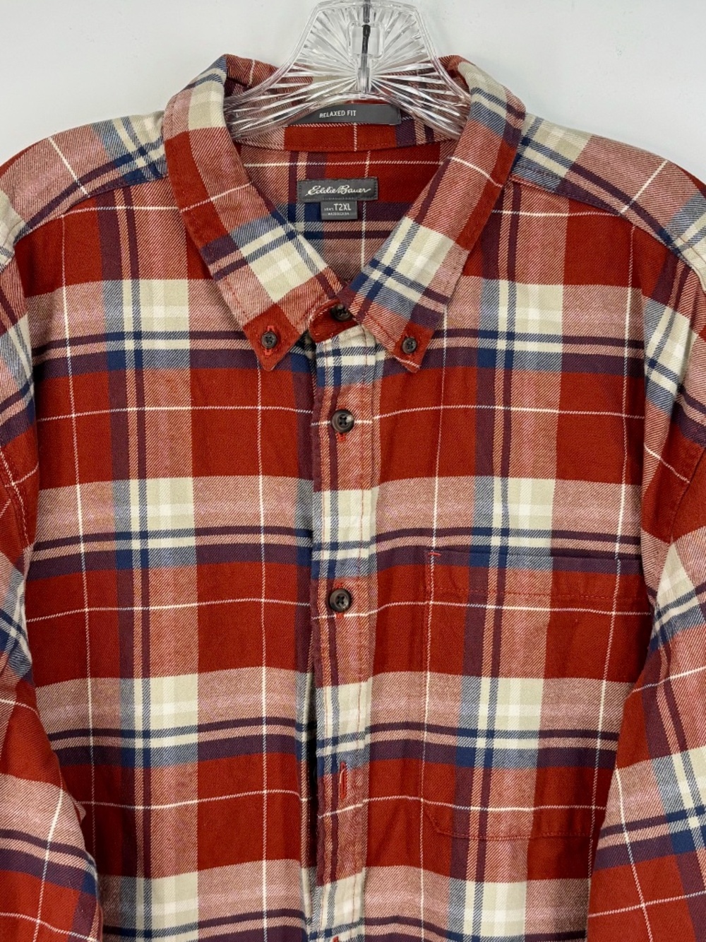 Eddie Bauer Mens 2XL TALL Button Up Shirt 100% Cotton Flannel Rust Blue Plaid - Picture 2 of 9